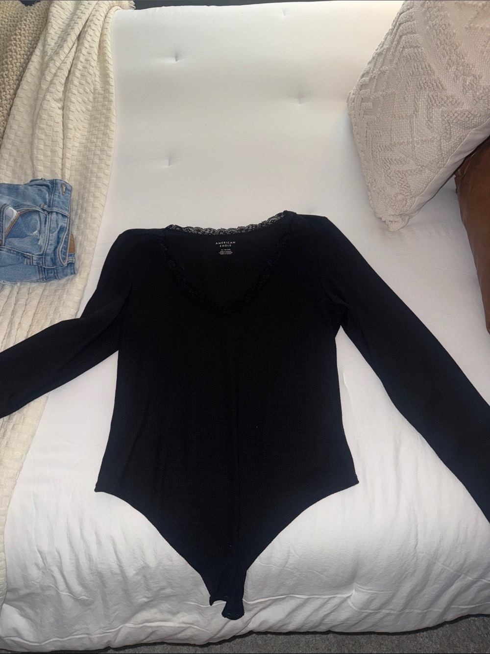 American Eagle Outfitters Black Long-Sleeve Lace-Trim Bodysuit